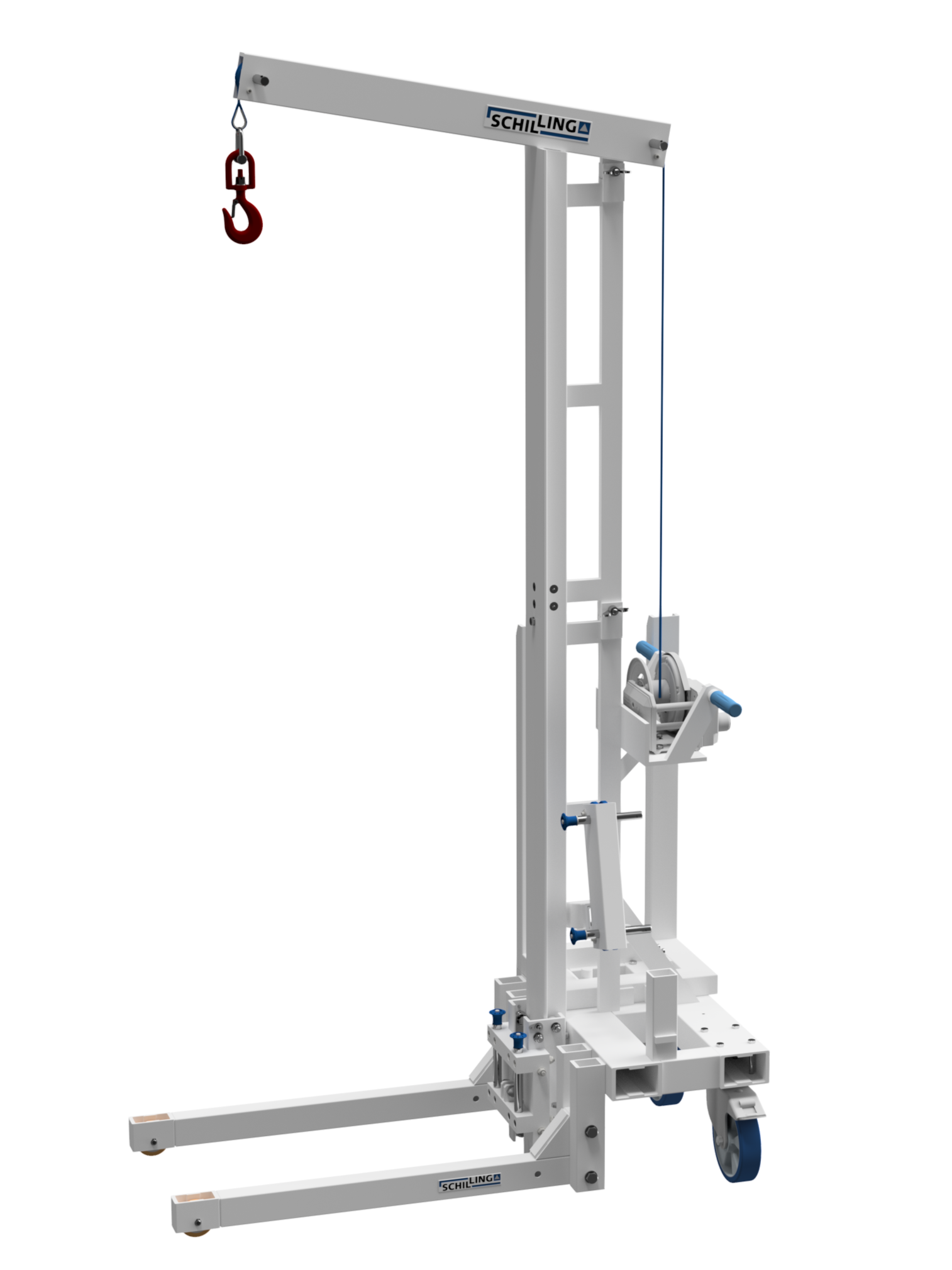 Mobil verfahrbarer SCHILLING Multilift mit Hubseil, rotem Haken und Handkurbel, auf zwei Rädern und zwei langen Stützbeinen.