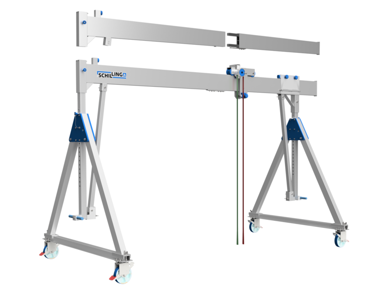 Fahrbarer SCHILLING Portalkran aus Aluminium mit teilbarem Einzelträger.