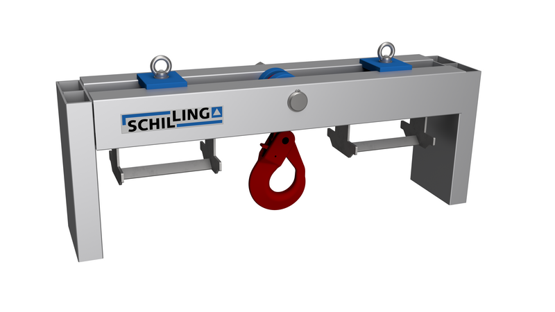 SCHILLING Staplertraverse mit integriertem roten Haken und zwei seitlichen Aufhängeösen.
