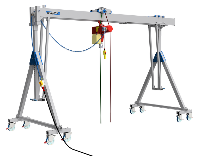 Fahrbarer SCHILLING Alu-Portalkran auf 4 Rollen mit elektrischem Hebezeug und Seilzug, der zum Heben und Transportieren schwerer Lasten verwendet wird.