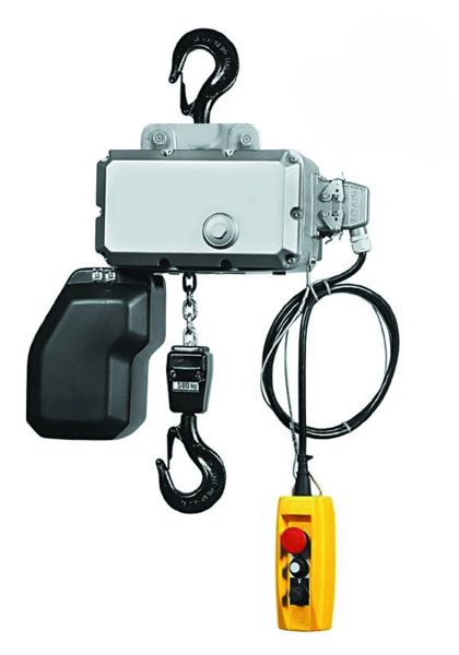 SCHILLING Elektrokettenzug mit Aufhängehaken: Elektrische Hebeanlage mit zwei großen schwarzen Haken, mittiger Steuerbox und gelbem Bedienhandgerät mit Knöpfen.