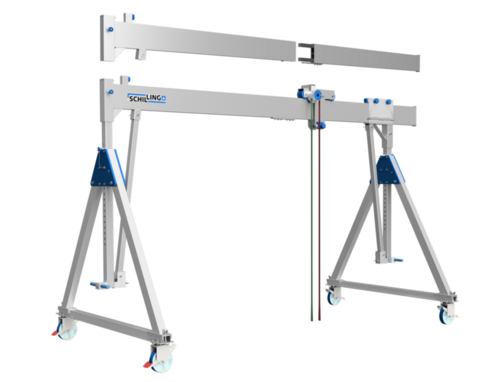 Fahrbarer SCHILLING Portalkran aus Aluminium mit teilbarem Einzelträger.