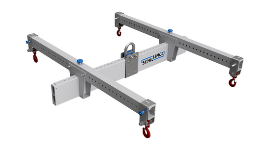 SCHILLING H-Traverse aus Aluminium mit vier roten Hakenrollen zur sicheren Befestigung und einem zentralen Metallbügel.