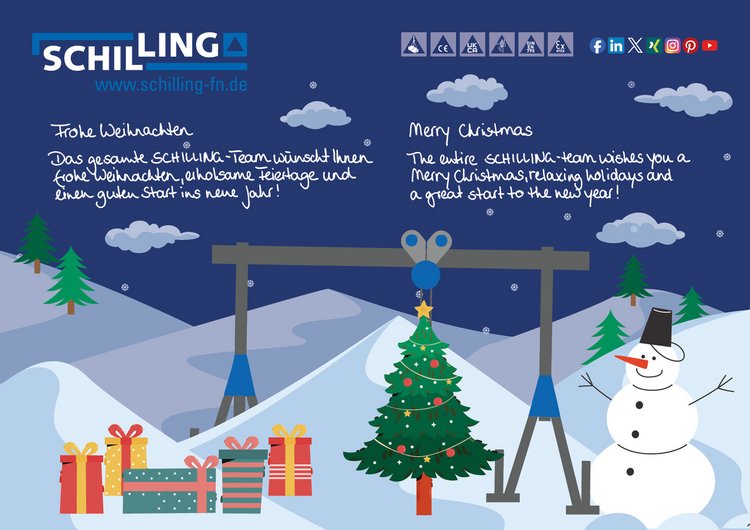 SCHILLING Weihnachtsgrüße 2025 Weihnachtliche Winterlandschaft mit Weihnachtsbaum, Geschenken und Schneemann, Text wünscht frohe Weihnachten, erholsame Feiertage und einen guten Start ins neue Jahr vom SCHILLING-Team, auf Deutsch und Englisch.