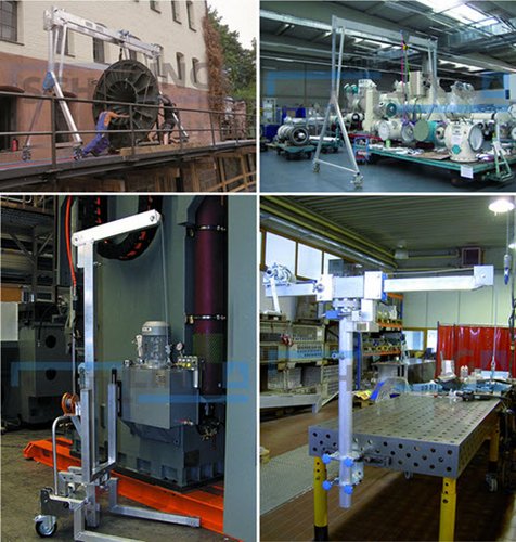 Verschiedene Krane und Hebetechnik von SCHILLING in Verwendung im Maschinenbau, in der Industrie und der Fertigung.