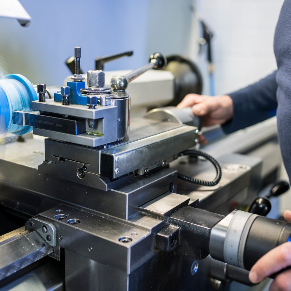 Eine Person bedient an einer Werkbank eine Drehmaschine, die ein blaues Werkstück in schneller Rotation bearbeitet.