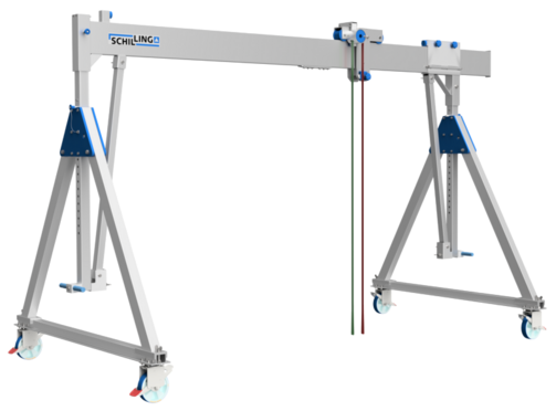Fahrbahrer SCHILLING Alu-Portalkran mit teilbarem Einzelträger.