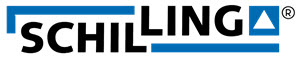 Schriftzug "SCHILLING" in schwarz auf weißem Hintergrund, umgeben von zwei blauen Linien, rechts ein blaues Quadrat mit weißem Dreieck.