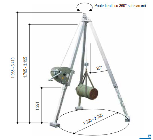 Tripod din aluminiu cu troliu manual