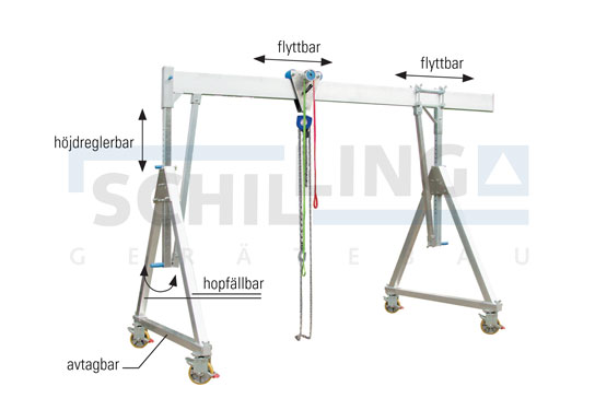 Portalkran i aluminium, flyttbar med last - Lyftkapacitet 1.000 kg och 1.500 kg